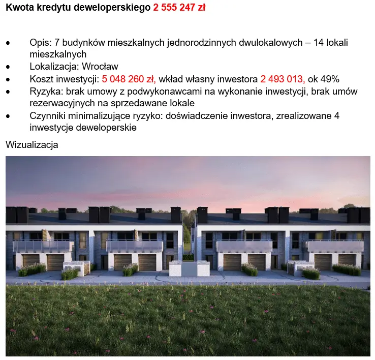 Kredyt deweloperski - przykładowa inwestycja
